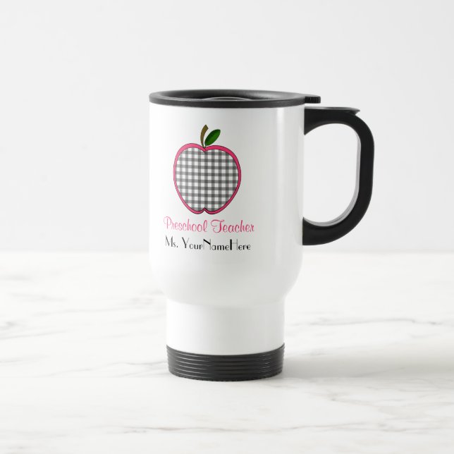Preschool Teacher Mug - Grey Gingham Apple w Pink (Right)
