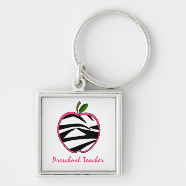 Preschool Teacher Zebra Print Apple Key Ring (Front)