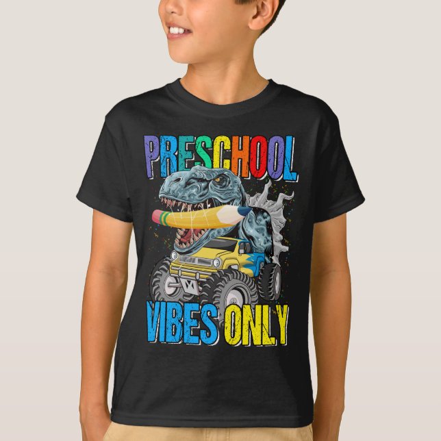 Preschool Vibes Only Monster Truck Dinosaur Boys  T-Shirt (Front)