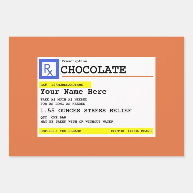 Prescription Chocolate Personalised  Wrapping Paper Sheet (Front)