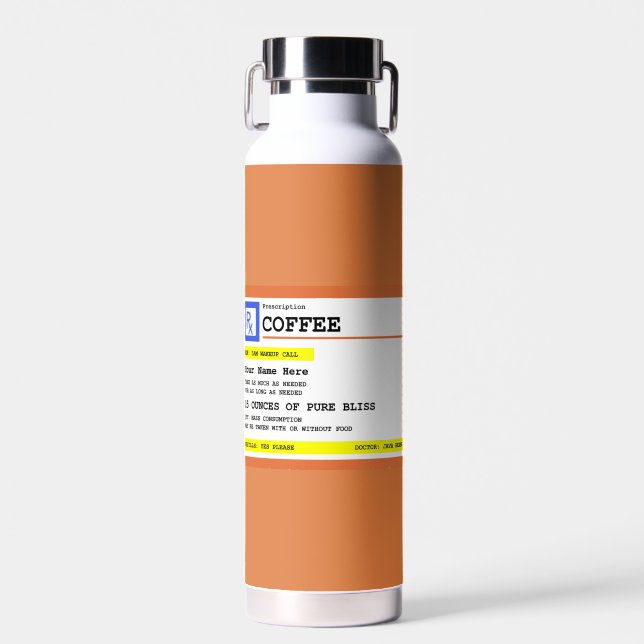 Prescription Coffee Label Personalised  Water Bottle (Front)