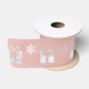 Present Gift Snowflakes Silver Pink Rose Gold Satin Ribbon