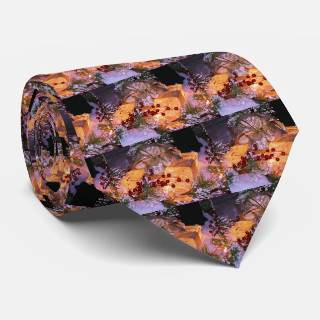 Present Gold Bow Christmas Holiday Tie (Rolled)