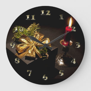 Present Gold Bow with Red Candle Large Clock