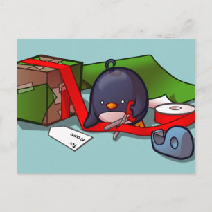 Present-Wrapping Penguin Postcard