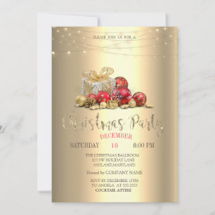 Presents,Balls,String Lights Gold Christmas  Invitation