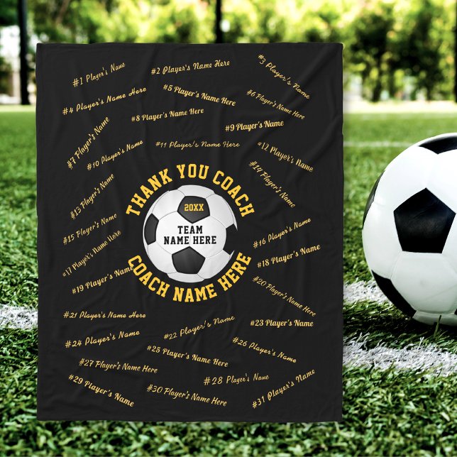 Presents for Soccer Coaches, ALL Player's Names Fleece Blanket (Black and Gold, Soccer Blanket. Great gifts for soccer coaches. Personalized soccer coach gifts. )