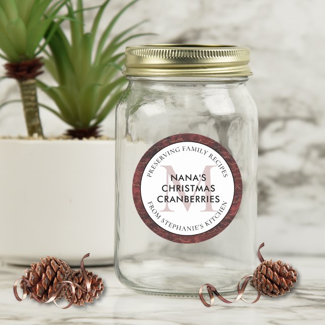Preserving Family Recipes Burgundy Christmas Classic Round Sticker (Christmas Burgundy Jar Label with Monogram Preserving Family Recipes)