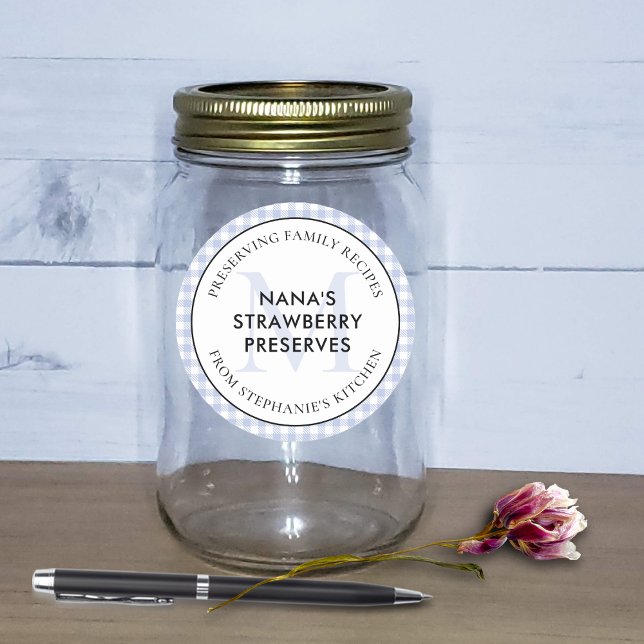 Preserving Family Recipes Periwinkle Blue Monogram Classic Round Sticker (Periwinkle Blue Checkered Jar Label Preserving Family Recipes)