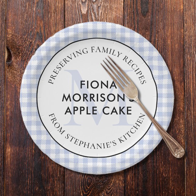 Preserving Family Recipes Periwinkle Blue Monogram Paper Plate (Periwinkle Blue Checkered Gingham Paper Plate Monogram Preserving Family Recipes)