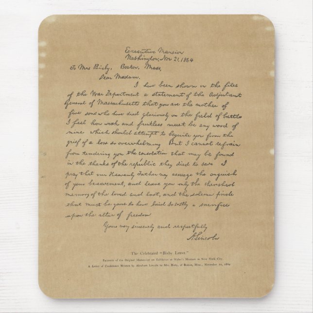 President Abraham Lincoln's Letter to Mrs. Bixby Mouse Pad (Front)
