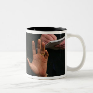 President Barack Obama talks to the press Two-Tone Coffee Mug