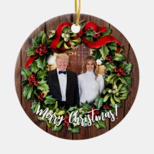 President Donald Trump & Melania 2022 Holly Wreath Ceramic Ornament