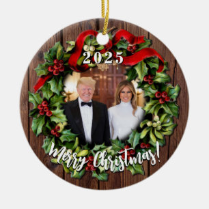 President Donald Trump & Melania 2023 Holly Wreath Ceramic Ornament