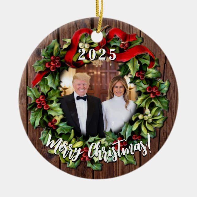 President Donald Trump & Melania 2023 Holly Wreath Ceramic Ornament (Front)
