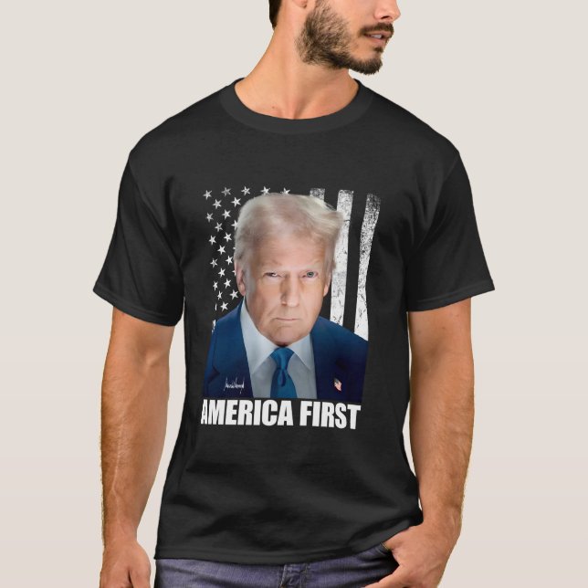 President Donald Trump USA Flag America First  T-Shirt (Front)