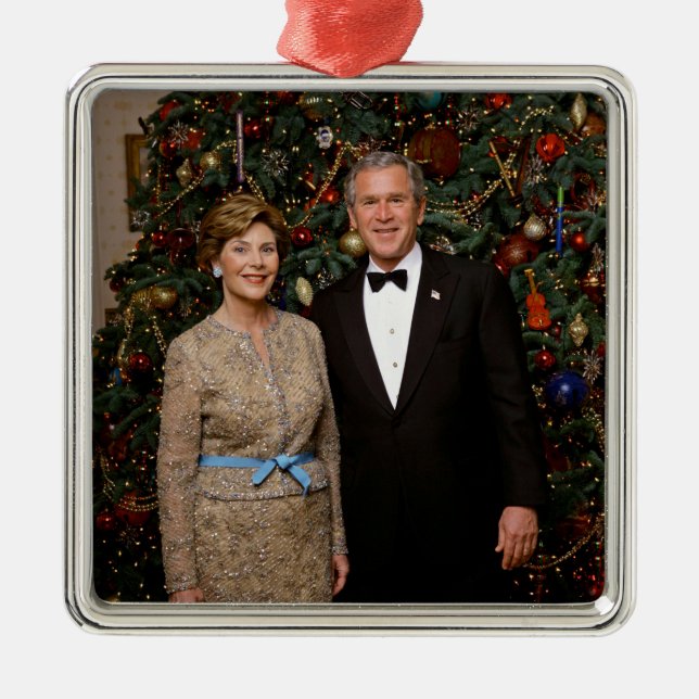 President George Bush, Laura Christmas White House Metal Ornament (Front)