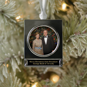 President George Bush, Laura Christmas White House Silver Plated Banner Ornament