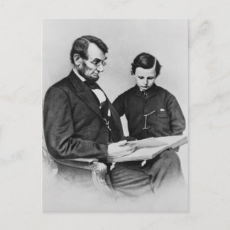 President Lincoln Postcard - Reading with son Tad