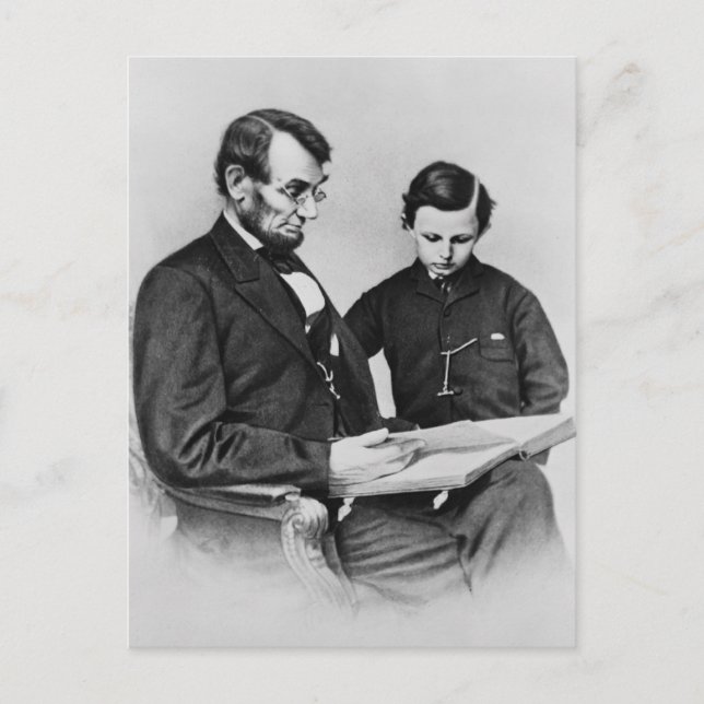President Lincoln Postcard - Reading with son Tad (Front)