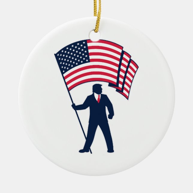 President Trump Bearing the Flag of the USA  Ceramic Ornament (Front)