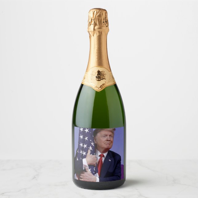 President Trump Hugging the Flag Sparkling Wine Label (Front)