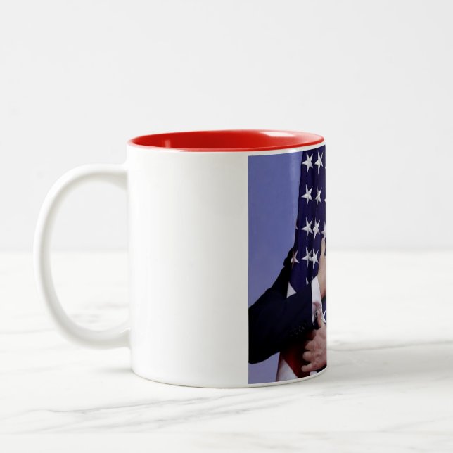 President Trump Hugs the Flag Two-Tone Coffee Mug (Left)