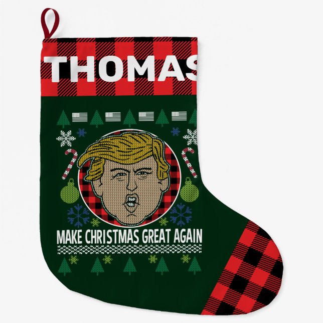 President Trump Make Christmas Great Again Plaid Large Christmas Stocking (Front)