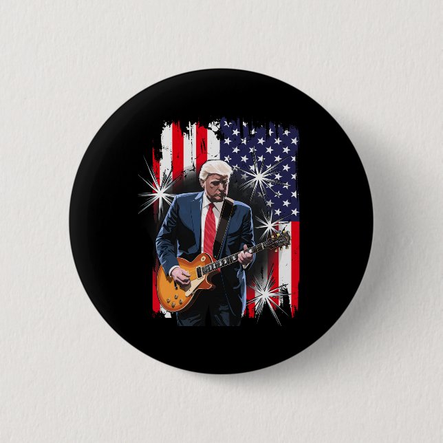 President Trump Playing Guitar With Us Flag Ckgrou 6 Cm Round Badge (Front)