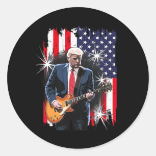 President Trump Playing Guitar With Us Flag Ckgrou Classic Round Sticker