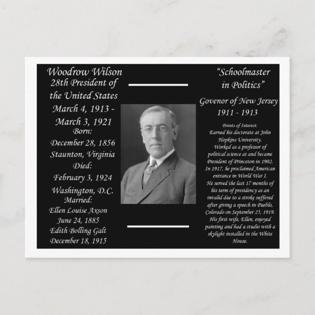 President Woodrow Wilson Postcard (Front)