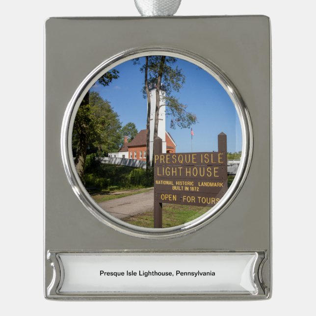 Presque Isle Lighthouse Silver Plated Banner Ornament (Front)