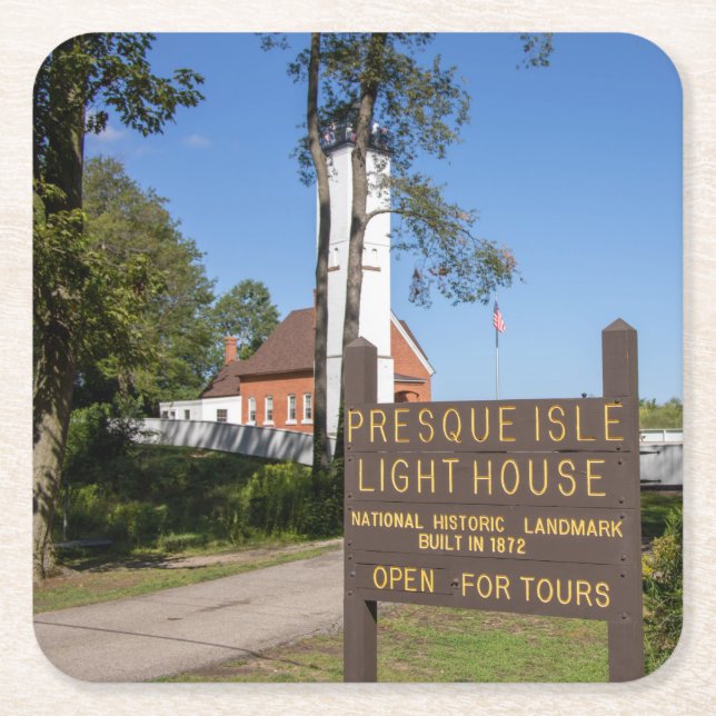 Presque Isle Lighthouse Square Paper Coaster (Front)