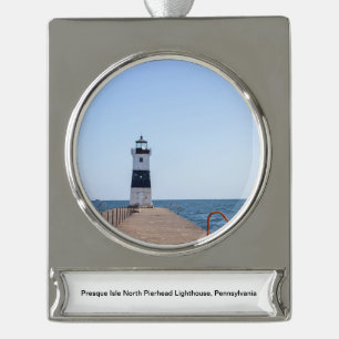 Presque Isle North Pierhead Lighthouse Silver Plated Banner Ornament