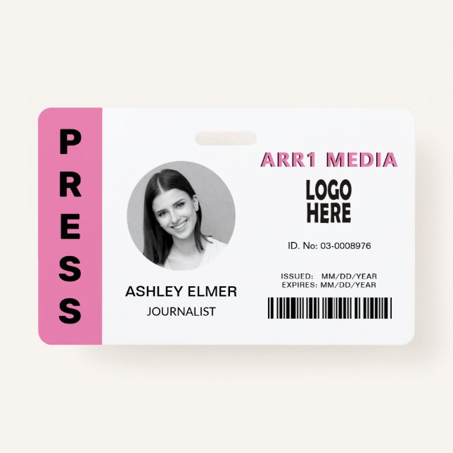Press employee ID pink photo template ID Badge (Front)