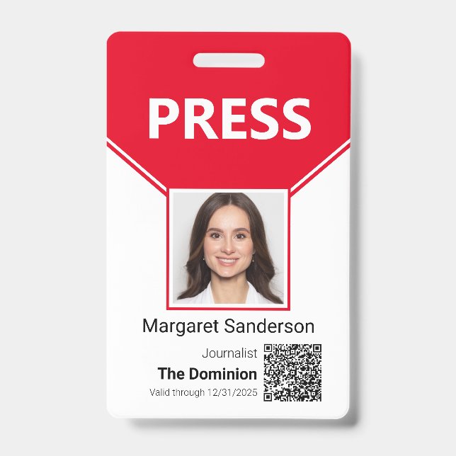Press Pass Photo and QR Code ID Badge (Front)