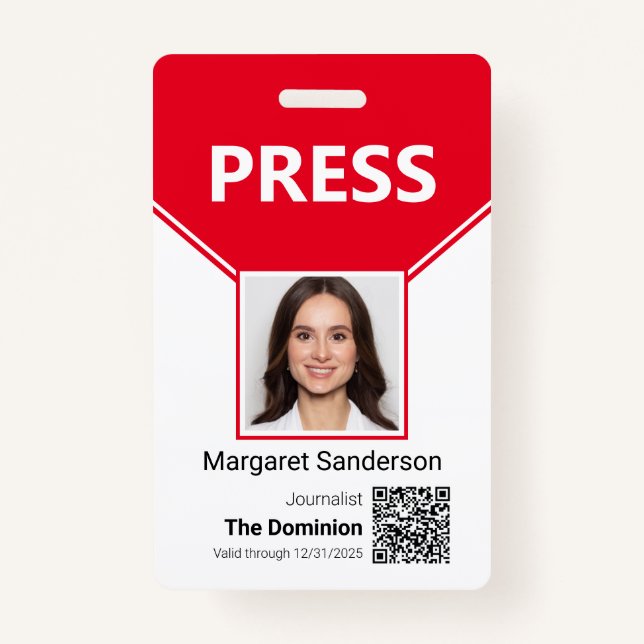 Press Pass Photo and QR Code ID Badge (Front)