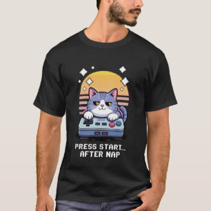Press Start After Nap Cat Gamer Funny Retro Video T-Shirt