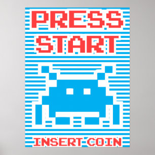 Press Start, Insert Coin, Arcade Game, blue stripe Poster