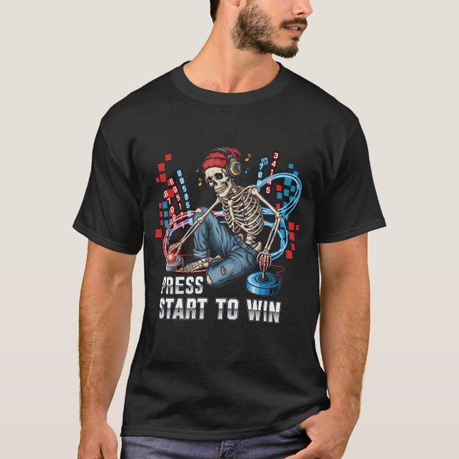 Press Start To Win Skeleton Gamer T-Shirt | Funny  (Front)