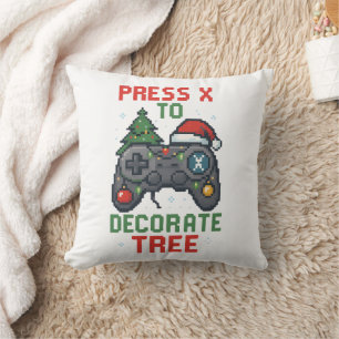 Press X to Decorate Tree Gamer Christmas Pillow   