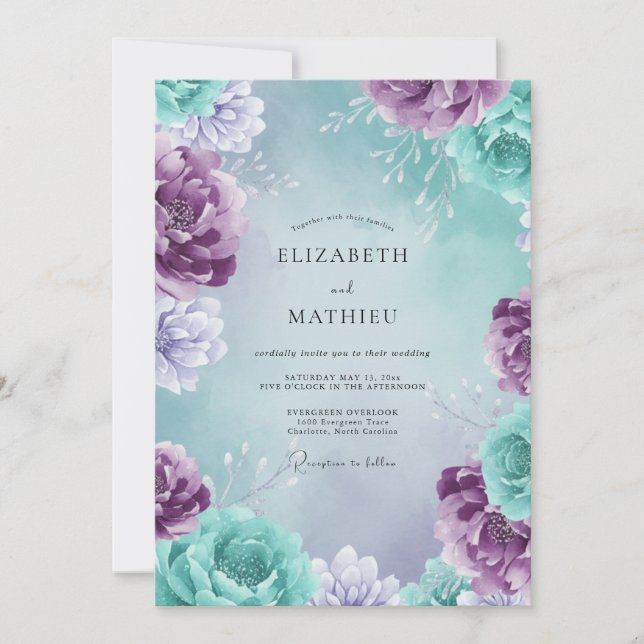 Pressed Aqua Amethyst Petal Wedding Invitation (Front)