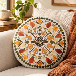Pressed Flower Mandala l Autumn Botanical Floral Round Cushion