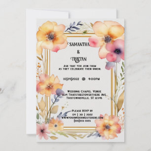 Pressed Flower Watercolor Gold Trim Wedding Invitation