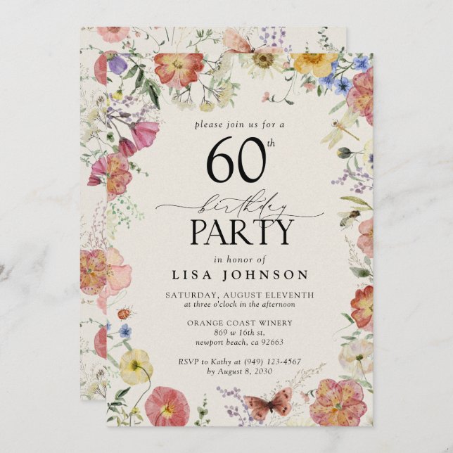 Pressed Flowers 60th Birthday Party Elegant Pink Invitation (Front/Back)