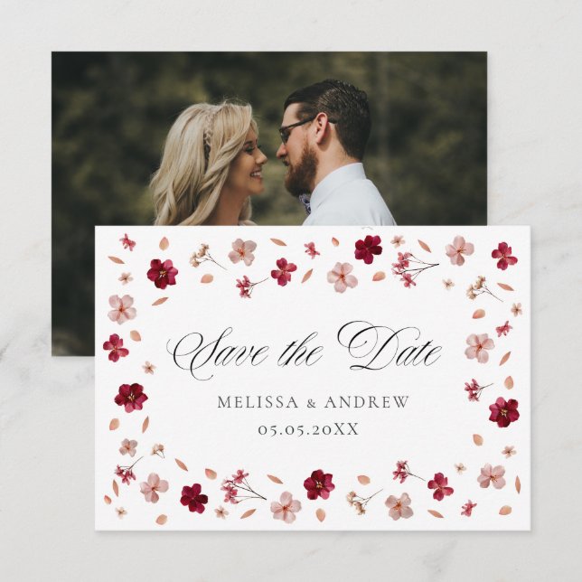 Pressed flowers and photo save the date (Front/Back)