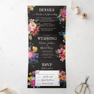 Pressed Flowers Dark Moody Wedding Tri-Fold Invitation