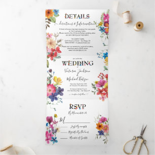 Pressed Flowers Wedding Tri-Fold Invitation