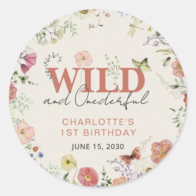 Pressed Flowers Wild & Onederful Girl 1st Birthday Classic Round Sticker (Front)