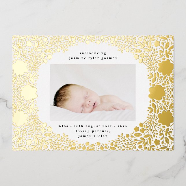 Pressed Gold Foil Florals Baby Birth Announcement (Front)